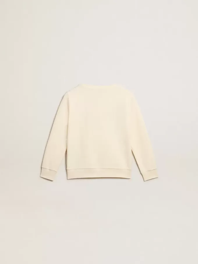 Sudadera en blanco desgastado con letras doradas multicolores en la parte delantera