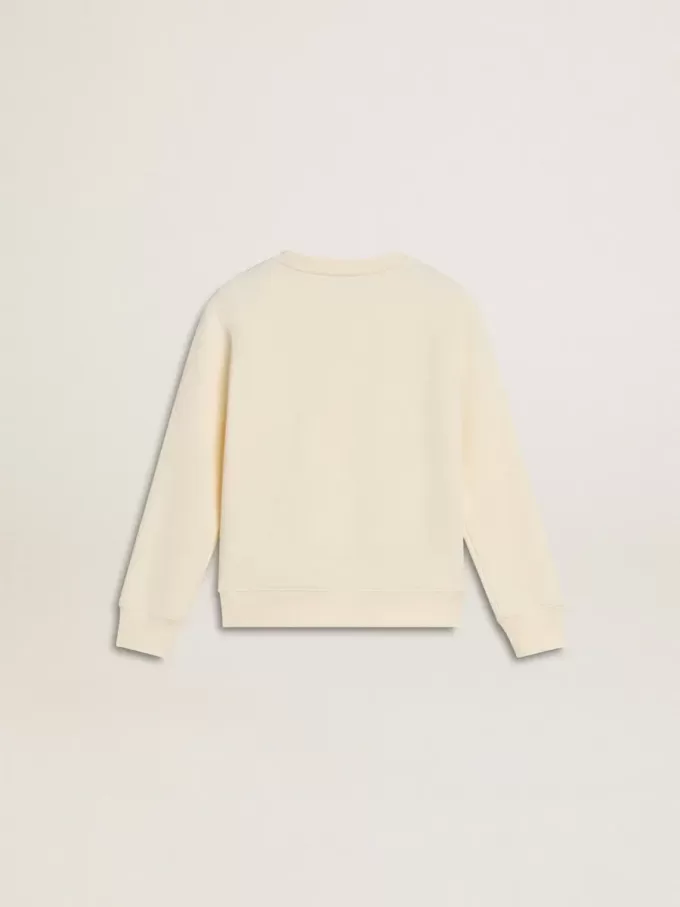 Sudadera en blanco desgastado con letras doradas multicolores en la parte delantera