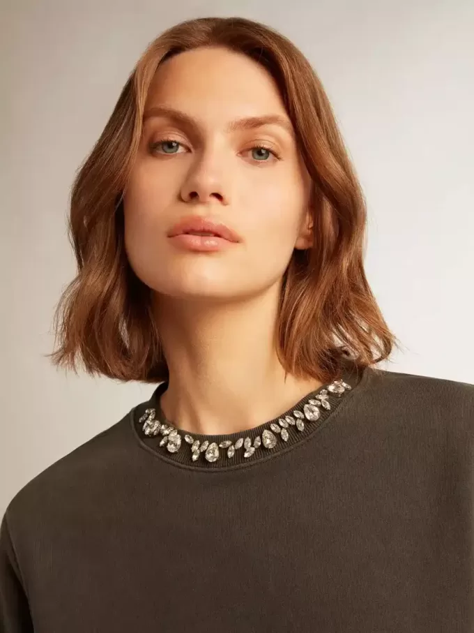 Sudadera gris antracita con cristales para mujer Sudadera gris antracita con cristales para mujer