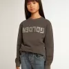 Sudadera gris desgastada con letras de cristal