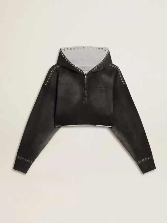 Sudadera gris recortada con efecto desgastado