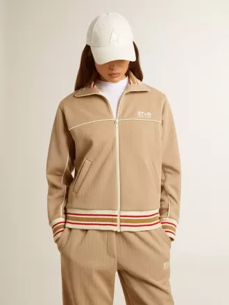 Sudadera ligera beige con cremallera y logotipo blanco para mujer
