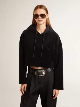 Sudadera negra de chenilla para mujer con bordado en la espalda