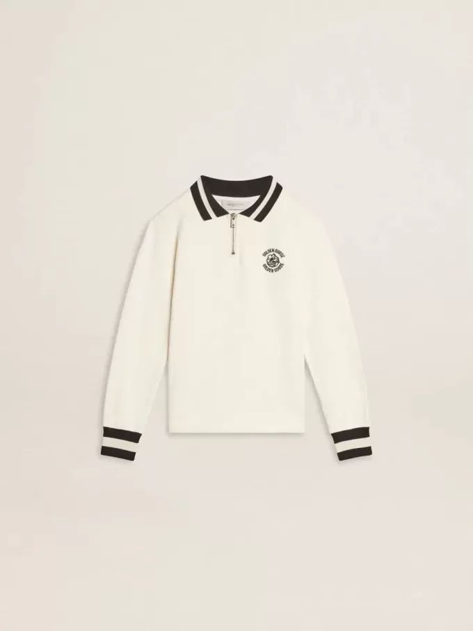 Sudadera polo infantil de algodón blanco con bordado en el pecho y estampado en la espalda