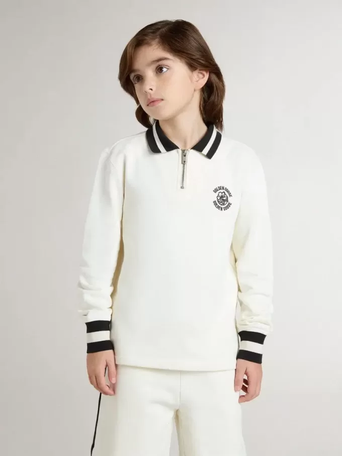 Sudadera polo infantil de algodón blanco con bordado en el pecho y estampado en la espalda