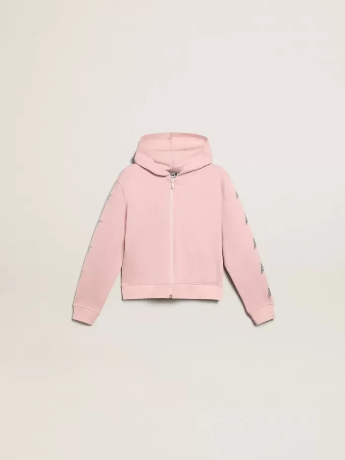 Sudadera rosa con capucha y estrellas plateadas brillantes