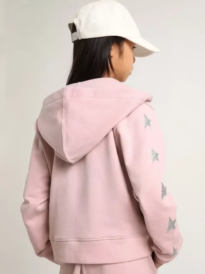 Sudadera rosa con capucha y estrellas plateadas brillantes