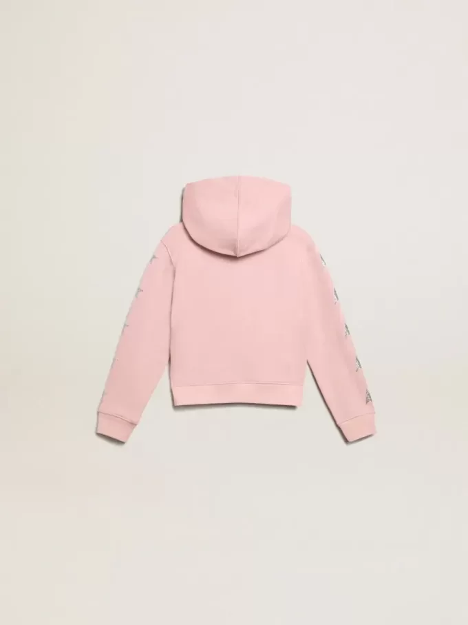 Sudadera rosa con capucha y estrellas plateadas brillantes