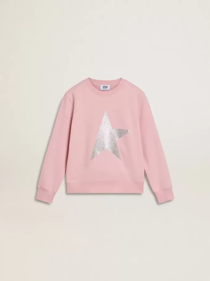 Sudadera rosa con estrella maxi en purpurina plateada en la parte delantera