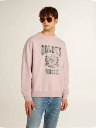 Sudadera unisex de cuello redondo en color rosa antiguo con estampado del logotipo en verde