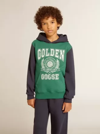 Sudadera verde y azul para niño con capucha y estampado