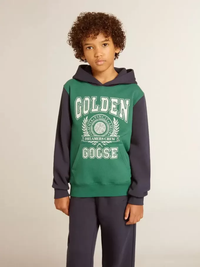 Sudadera verde y azul para niño con capucha y estampado Sudadera verde y azul para niño con capucha y estampado