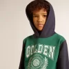 Sudadera verde y azul para niño con capucha y estampado Sudadera verde y azul para niño con capucha y estampado