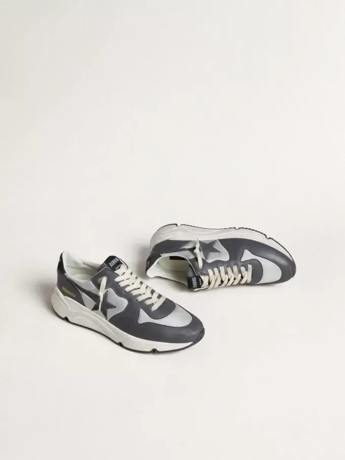 Suela de running para hombre en nailon gris y piel napa negra con estrella de ante negro.