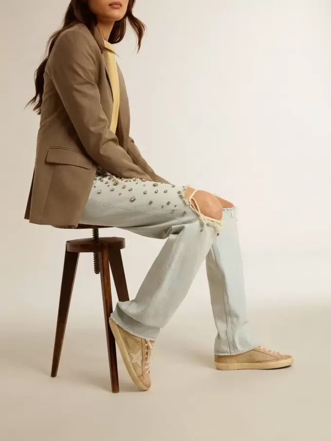 Super-Star LTD en malla blanca y nubuck rosa con tachuela en el talón con cristales Swarovski