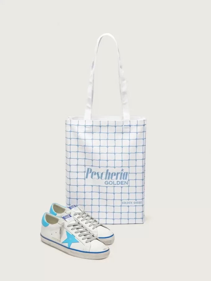 Super-Star LTD para hombre en piel blanca con estrella y lengüeta del talón en piel azul claro