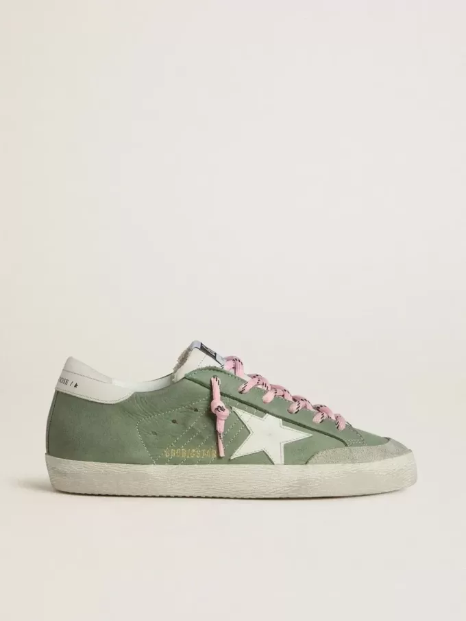 Super-Star LTD para mujer en nubuck verde con estrella y lengüeta en el talón de cuero blanco Super-Star LTD para mujer en nubuck verde con estrella y lengüeta en el talón de cuero blanco