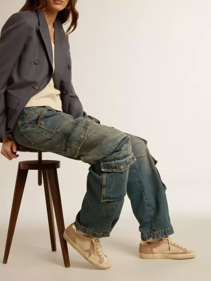 Super-Star para mujer en ante rosa pálido con estrella de ante y lengüeta del talón en platino