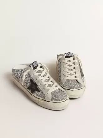 Super-Star Sabot para mujer en plata brillante con estrella de cuero negro