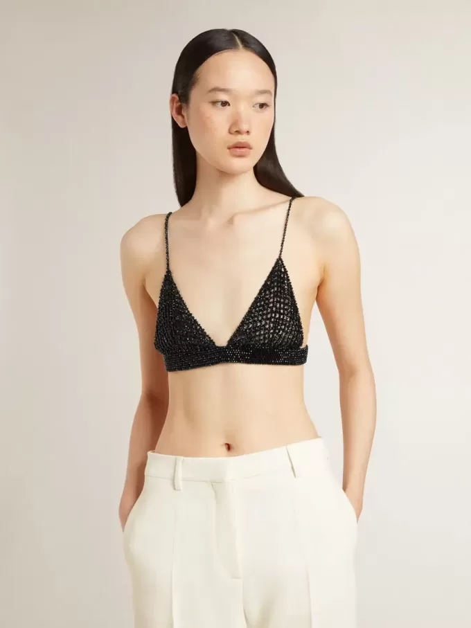 Top negro de croché con cristales para mujer