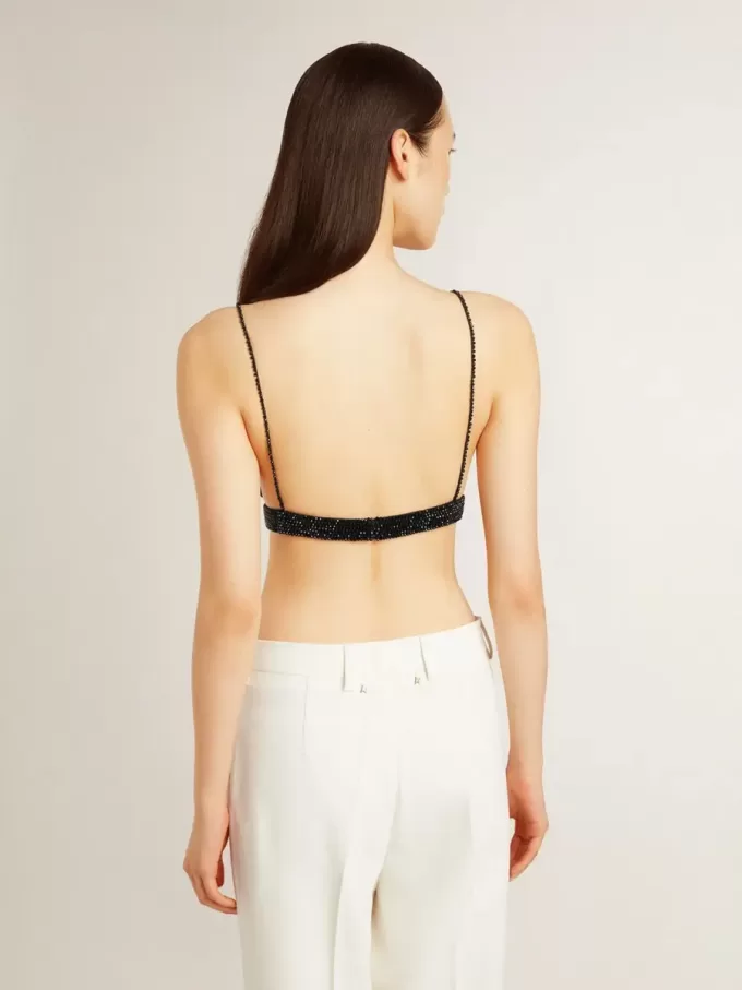 Top negro de croché con cristales para mujer