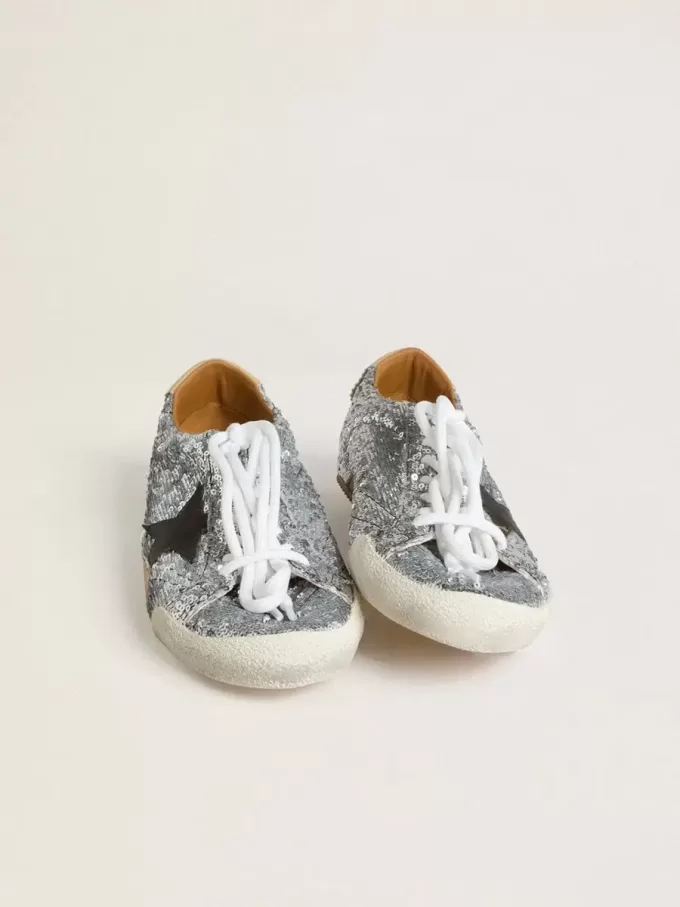 True-Star para hombre con lentejuelas plateadas, estrella negra y lengüeta de cuero beige en el talón