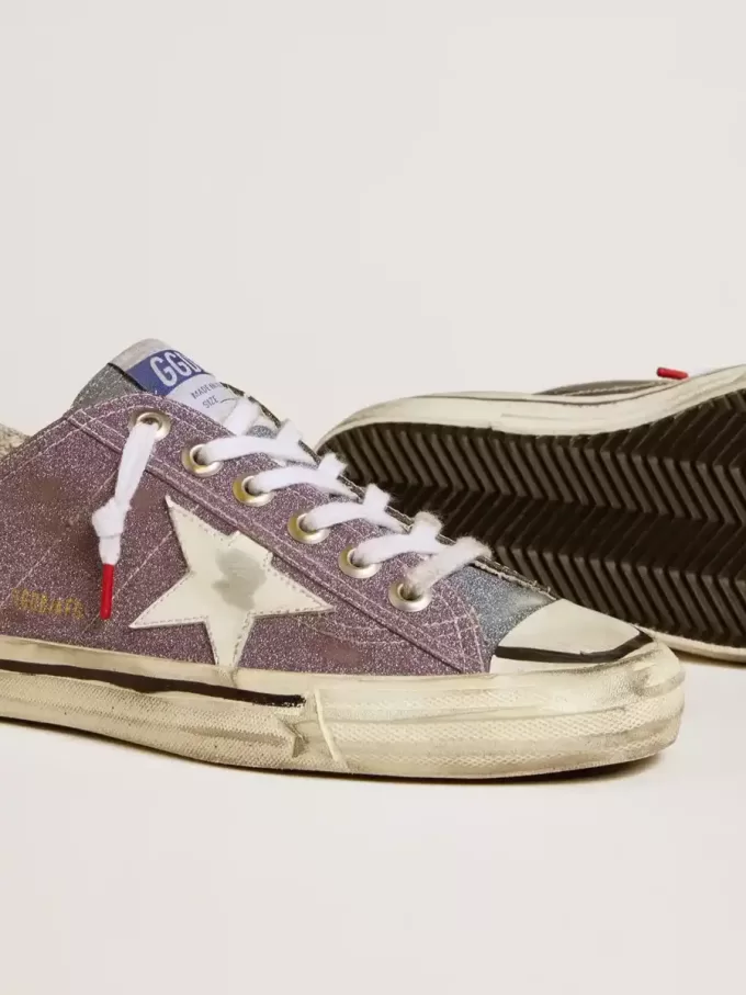 V-Star LAB para mujer en piel lila y purpurina con estrella blanca y lengüeta plateada con purpurina