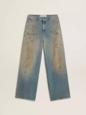 Vaqueros boyfriend para mujer con efecto desgastado, lavado arena y tachuelas.