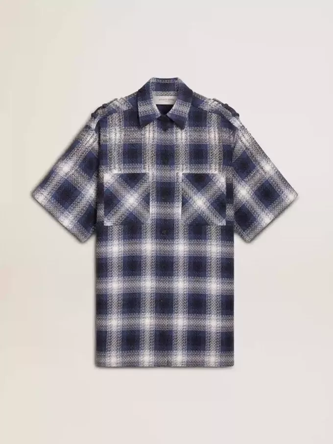 Vestido camisero corto de mujer con estampado de cuadros 3D y bordados Vestido camisero corto de mujer con estampado de cuadros 3D y bordados