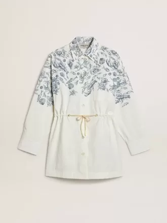 Vestido camisero corto de mujer en algodón a rayas blancas con estampado azul marino