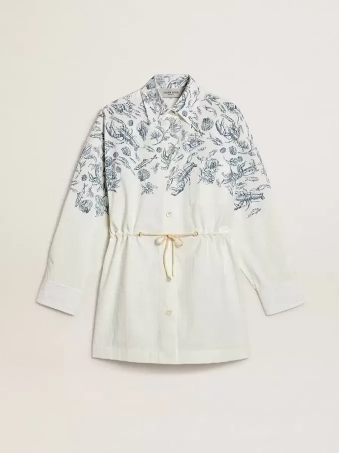 Vestido camisero corto de mujer en algodón a rayas blancas con estampado azul marino