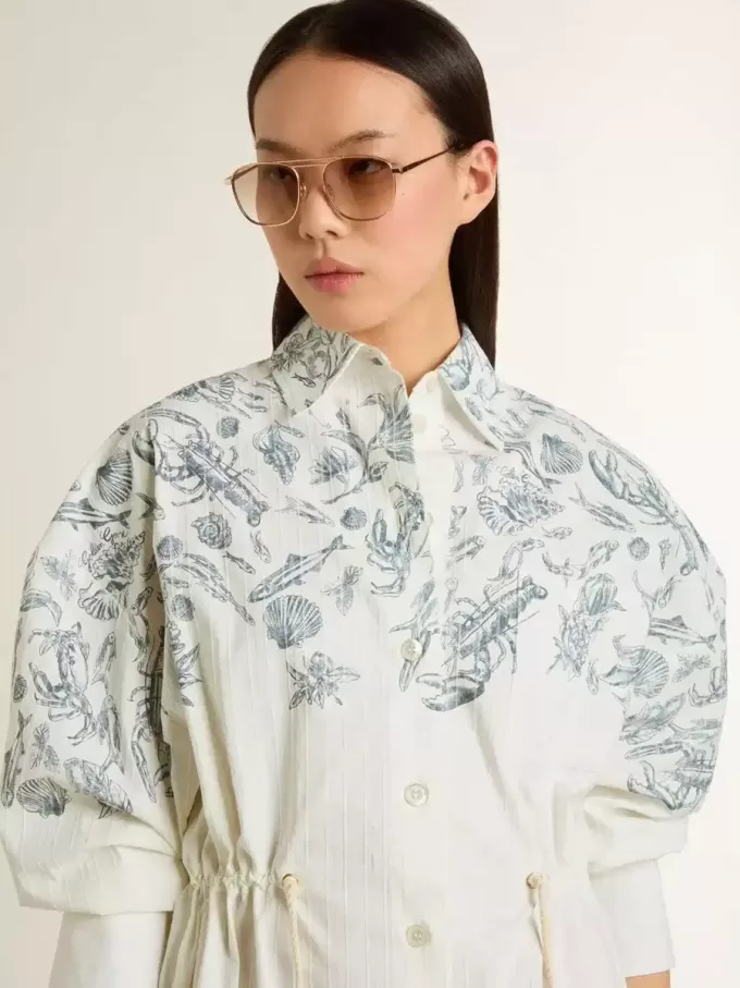 Vestido camisero corto de mujer en algodón a rayas blancas con estampado azul marino