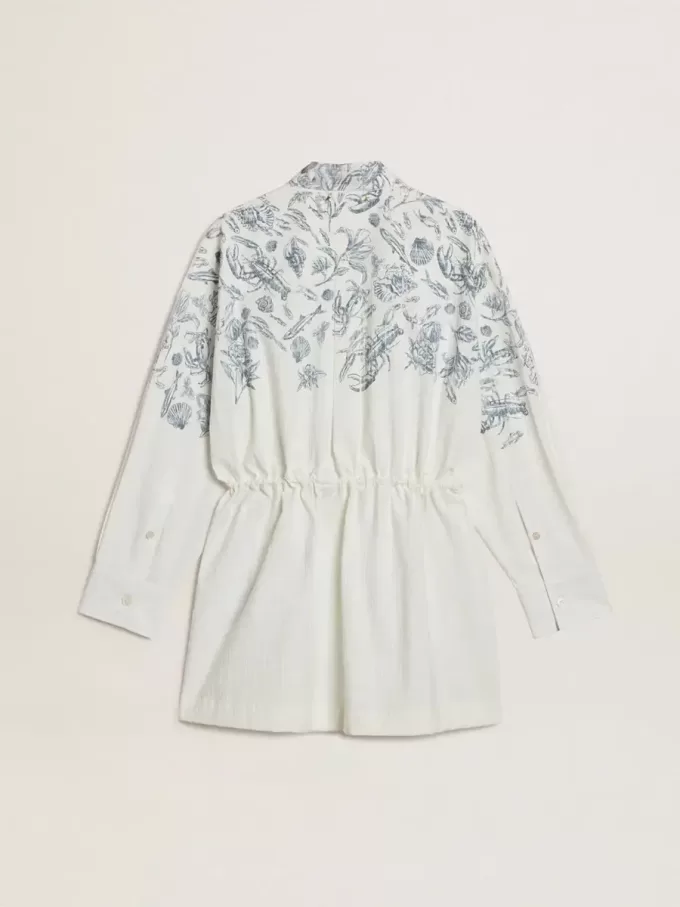 Vestido camisero corto de mujer en algodón a rayas blancas con estampado azul marino