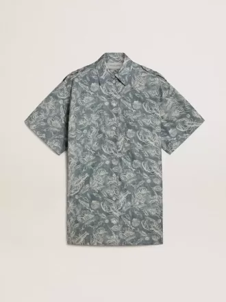 Vestido camisero corto de mujer en popelín de algodón azul claro con estampado marino integral