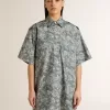 Vestido camisero corto de mujer en popelín de algodón azul claro con estampado marino integral Vestido camisero corto de mujer en popelín de algodón azul claro con estampado marino integral