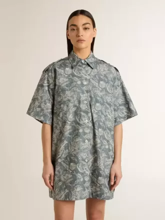 Vestido camisero corto de mujer en popelín de algodón azul claro con estampado marino integral