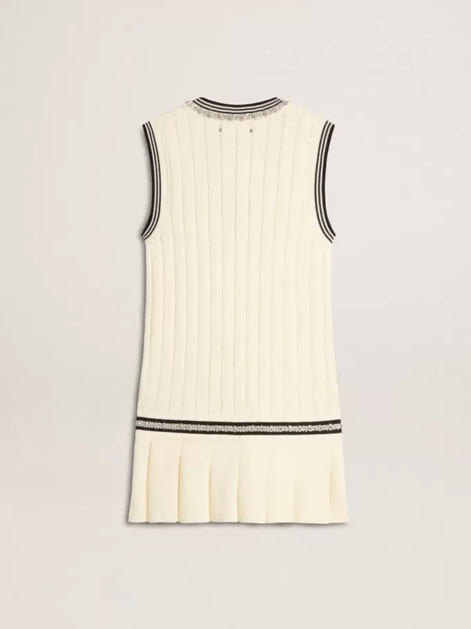 Vestido camisero de algodón blanco desgastado para mujer con ribetes azul oscuro y cristales Vestido camisero de algodón blanco desgastado para mujer con ribetes azul oscuro y cristales