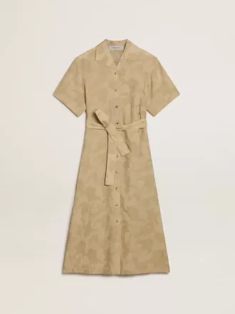 Vestido camisero de manga corta para mujer en jacquard floral beige