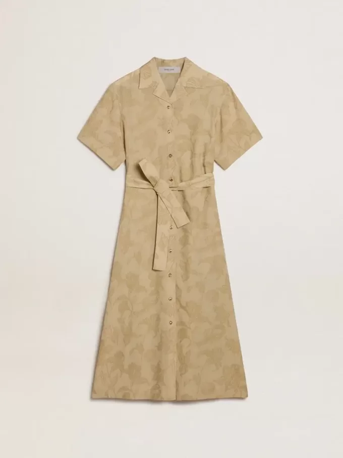 Vestido camisero de manga corta para mujer en jacquard floral beige Vestido camisero de manga corta para mujer en jacquard floral beige