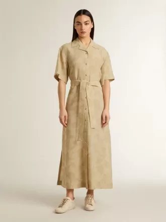 Vestido camisero de manga corta para mujer en jacquard floral beige