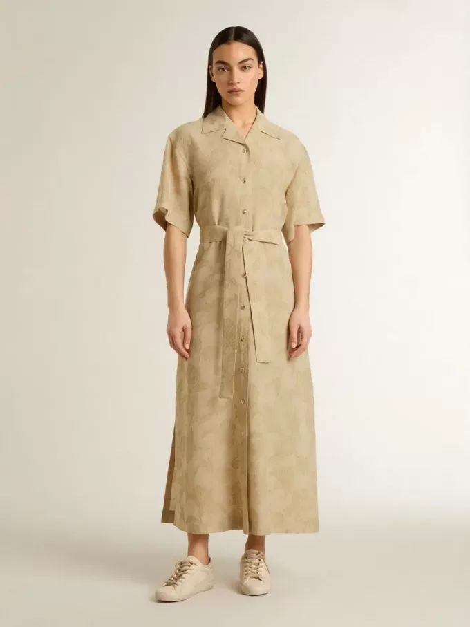 Vestido camisero de manga corta para mujer en jacquard floral beige Vestido camisero de manga corta para mujer en jacquard floral beige