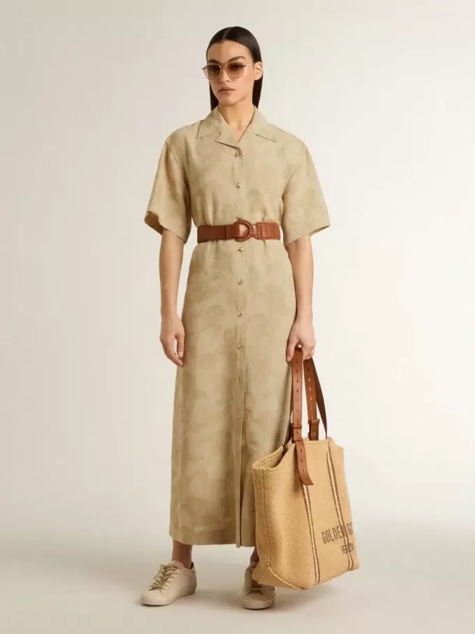 Vestido camisero de manga corta para mujer en jacquard floral beige Vestido camisero de manga corta para mujer en jacquard floral beige