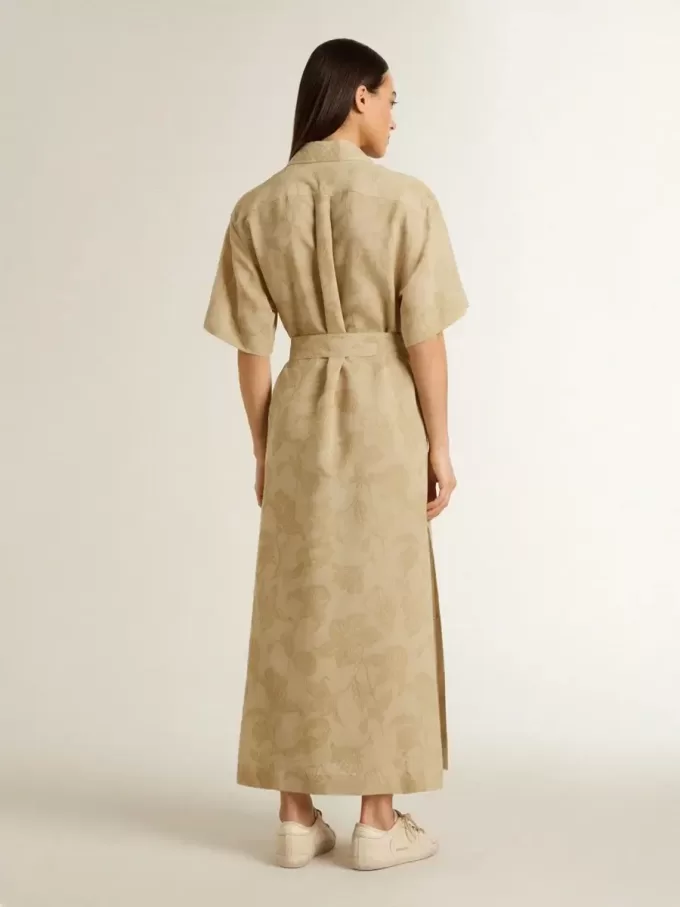 Vestido camisero de manga corta para mujer en jacquard floral beige Vestido camisero de manga corta para mujer en jacquard floral beige