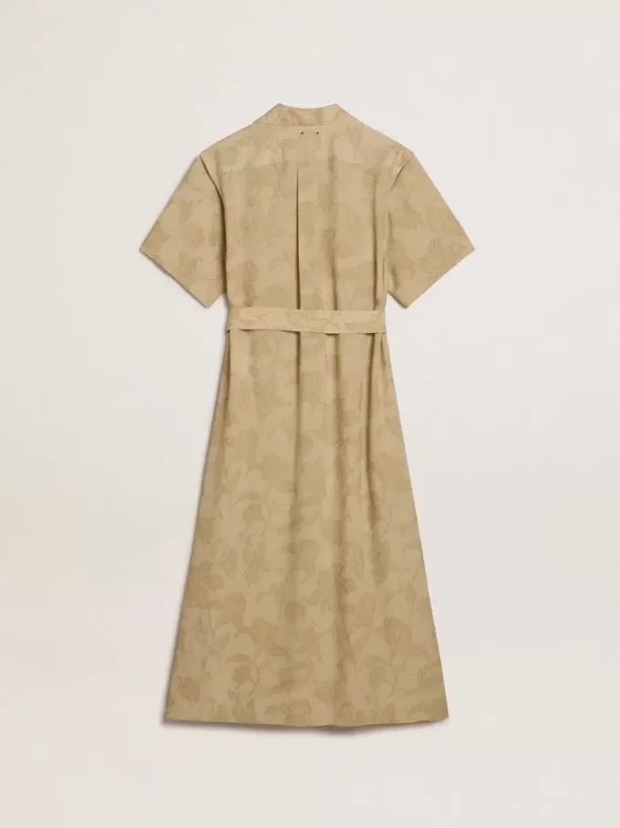 Vestido camisero de manga corta para mujer en jacquard floral beige Vestido camisero de manga corta para mujer en jacquard floral beige