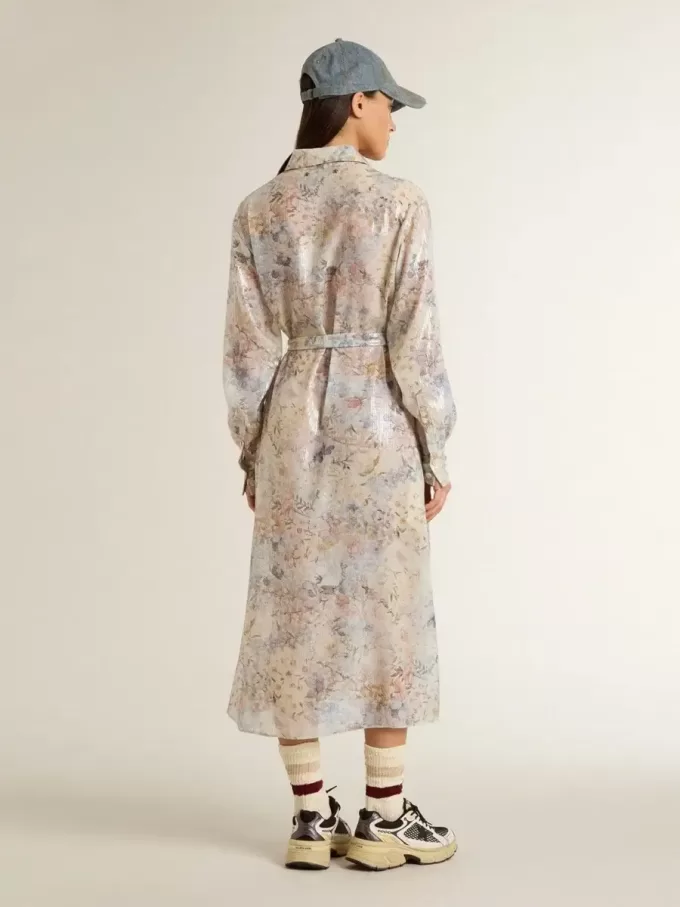 Vestido camisero de mujer con estampado floral multicolor con lentejuelas Vestido camisero de mujer con estampado floral multicolor con lentejuelas