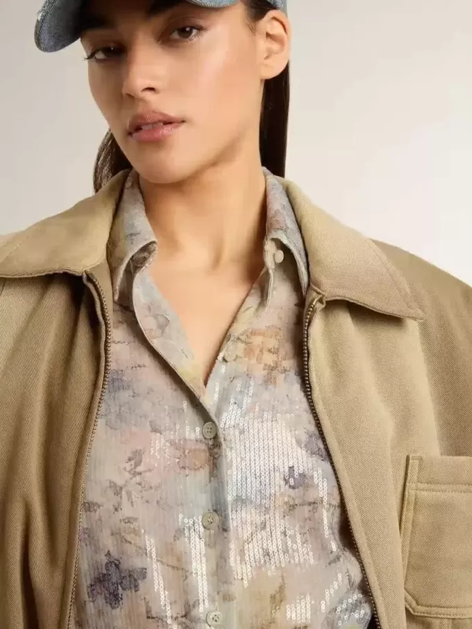 Vestido camisero de mujer con estampado floral multicolor con lentejuelas Vestido camisero de mujer con estampado floral multicolor con lentejuelas