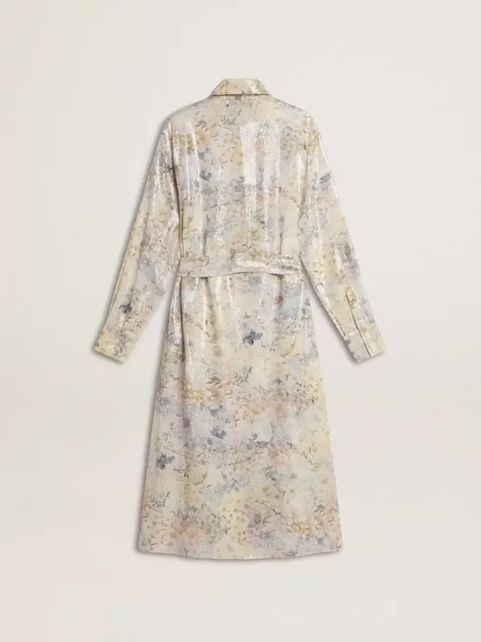 Vestido camisero de mujer con estampado floral multicolor con lentejuelas Vestido camisero de mujer con estampado floral multicolor con lentejuelas