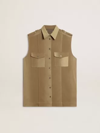 Vestido camisero de mujer en denim color arena con detalles militares