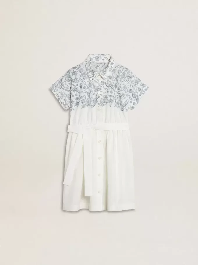 Vestido camisero para niña en lona de algodón blanca con estampado náutico azul y ribetes blancos