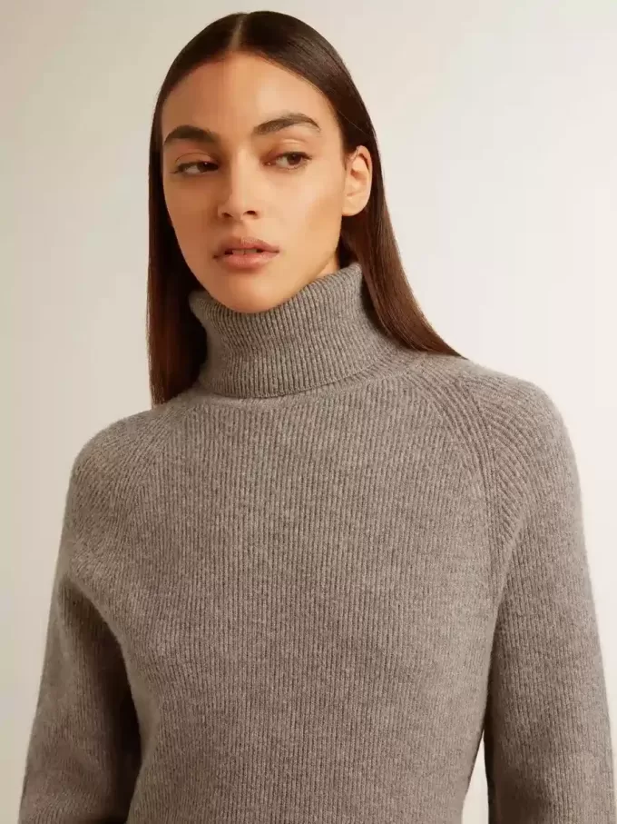 Vestido de lana acanalado gris jaspeado con cuello alto Vestido de lana acanalado gris jaspeado con cuello alto